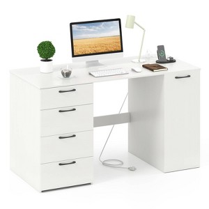 Costway 53" Computer Desk with Power Outlets Large Executive Desk with 4 Storage Drawers Gray/White - 1 of 4