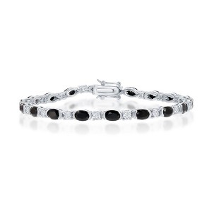 Simona Sterling Silver Alternating Oval Black Spinel and Round White Topaz Stone Bracelet - Multi - 7.5 Inch - 1 of 2