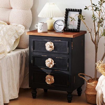 Vintage Farmhouse Nightstand with 3 Drawers & Floral Knobs,19" Distressed End Table for Bedroom Living Room-Baofuwish