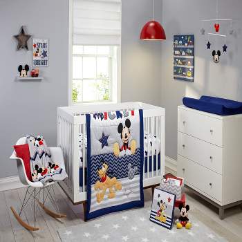 Disney Let's Go Mickey Mouse and Pluto, Navy, Red, Yellow, and Gray 4 Piece Nursery Crib Bedding Set