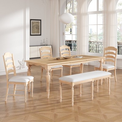 6/9-Piece Extendable Dining Table Set Dining Set Kitchen Table Set with Removable Leaf, Upholstered Chairs and Bench, Vintage, Natural-ModernLuxe