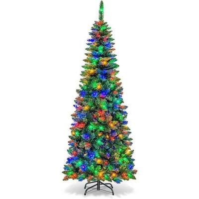 Pre-Lit Slim Flocked Christmas Tree - LED Lights, Pencil Design for Office/Home Holiday Decor