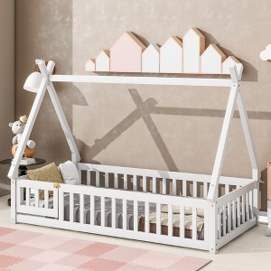 CAVINAS Twin Size Floor Bed Tent-Shaped Sleek Pine Bed Frame with Guardrail and Door for Bedroom - 1 of 4