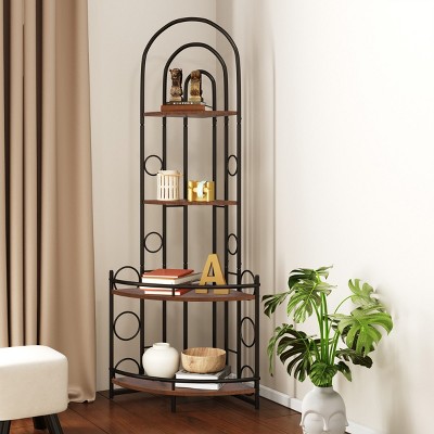 Arched Metal Corner Console Bookshelf,Plant Stand with Wood Shelves,Freestanding 4-Tier Small Spaces Storage Display Shelf-Baofuwish