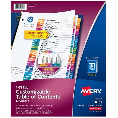 Avery Pre-Printed 31-Tab Numeric Dividers Customizable 11831