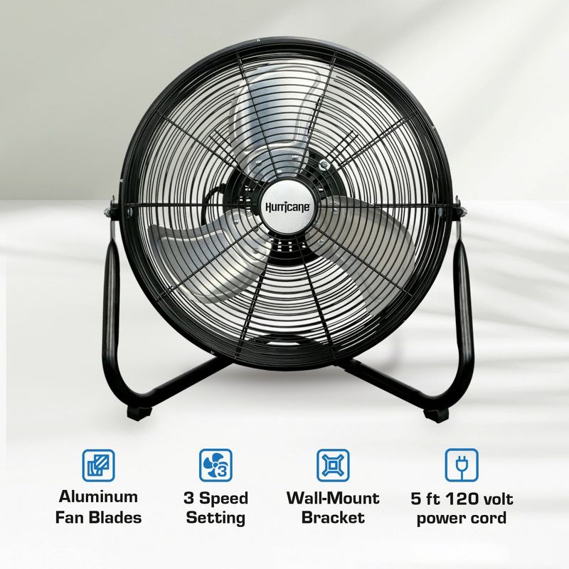 Hurricane Pro Series 16 Inch High Velocity Heavy Duty Metal Orbital Wall Floor Fan with 3 Adjustable Speed Settings and 360 Degree Oscillation, Black, 2 of 7