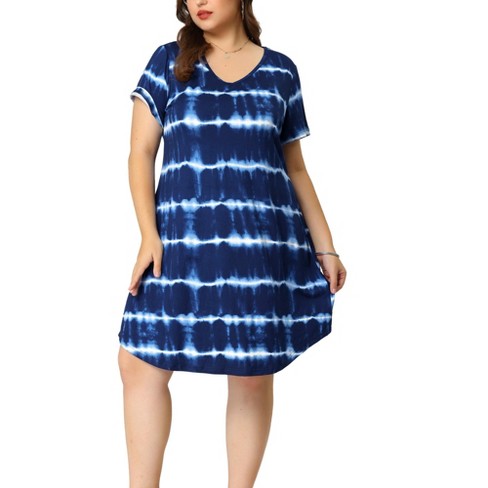 Agnes Orinda Women's Plus Size Tie Dye Trendy V Neck High Low Hem Casual  Dresses Dark Blue 1X