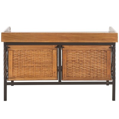 Noah Rustic Oak and Wicker Storage Bench with Drawers