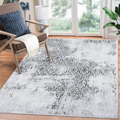 Washable Area Rug 4x6 Entryway Rug, Non-Slip Non-Shedding Vintage Distressed Carpet, Indoor Retro Floral Accent Throw Rug, Foldable Printed Mat