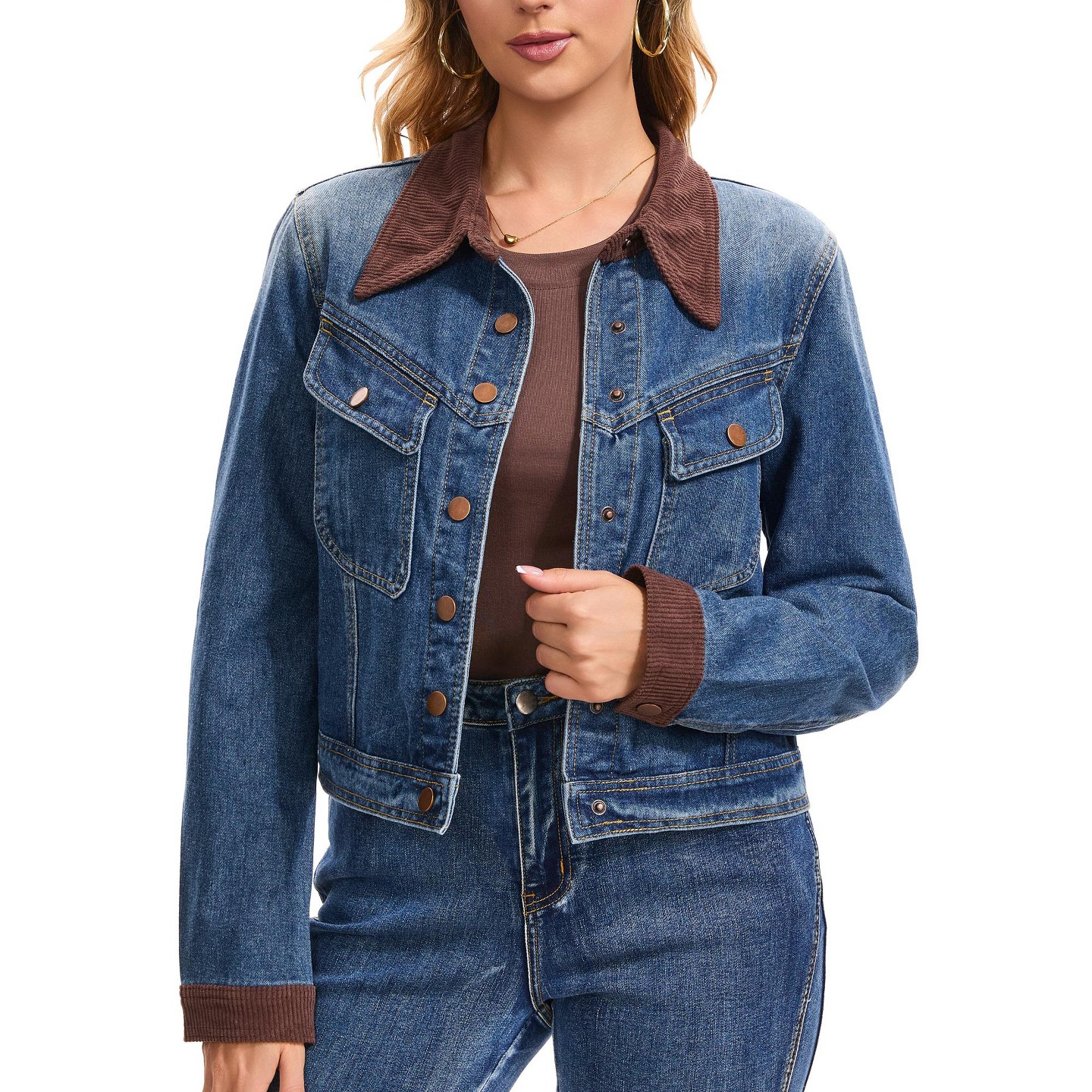 Женские куртки INSPIRE CHIC Jean Trendy Button Down Corduroy Collar Barn Jackets Denim Shacket Small Deep Blue, цвет: Джинсовый — фото 1