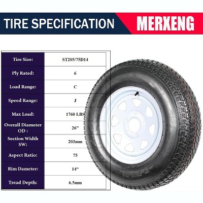 ST205 75D14 Tire, ST205/75D14 Trailer Tires with 14" Rims, 5 Lug on 4.5", Load Range C 6PR, Set of 2
