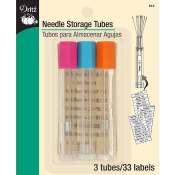 Dritz Needle Storage Tubes for Up To 2-1/4" Needles 3 Tubes and 33 Labels Orange Pink and Blue