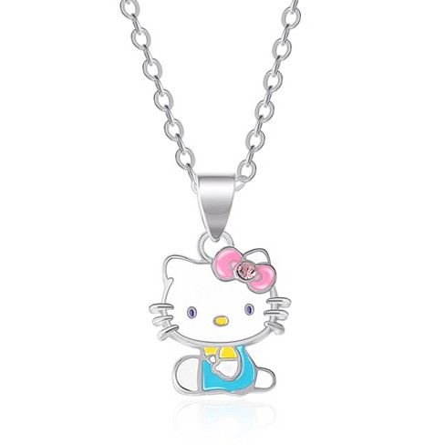 Sanrio Hello Kitty Brass Silver Plated Enamel Seated Necklace - 18'' Chain,  Officially Licensed Authentic