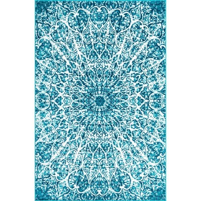 Turquoise and Ivory Geometric Synthetic Area Rug