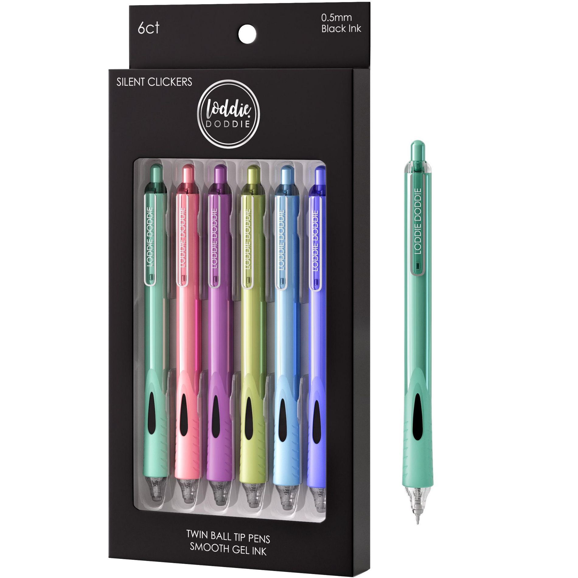 6ct Roller Gel Pens - Silent Clickers - Multi Color - Black Ink