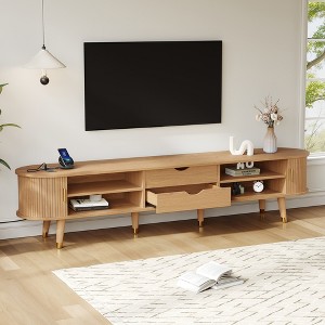 LOVSON Wooden Oval Fluted TV Stand with Charging Station for TV up to 80",Mid-Century Media Console with Sliding Tambour Door,for Living Room,Natural - 1 of 4