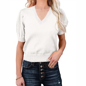 Womens V Neck Sweater Tops Lightweight Soft Sweater Knit Shirts Ribbe Cuff Short Lantren Sleeve Sweater - 1 of 3