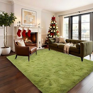 Grass Green Fluffy Shag Area Rug with Non-Slip Base & 4 Reusable Stickers, Soft Plush Mat - 1 of 4