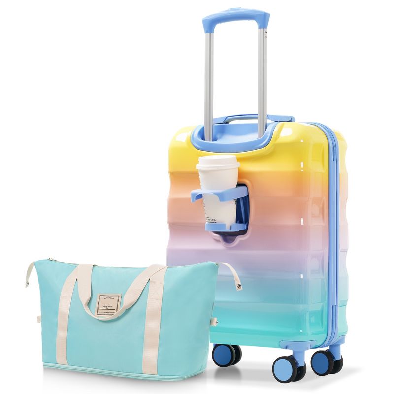 20" Carry-on Luggage with Cup Holder, 2 Piece Set–Lightweight Glossy Hardshell Suitcase, College Dorm Room Essential for Students, School Supplies