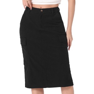 Allegra K Women's High Waisted Elastic Back Corduroy Midi Cargo Skirts with Pockets - 1 of 4