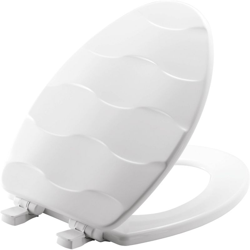 Never Loosens Elongated Sculptured Basket Weave Enameled Wood Toilet Seat with Easy Clean White - Mayfair by Bemis, 1 of 7