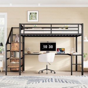 Sapphtopaz Metal Loft Bed with L-Shaped Desk & Wardrobe, Adjustable Shelves, High Loft Bed for Teens, Adults - 1 of 4