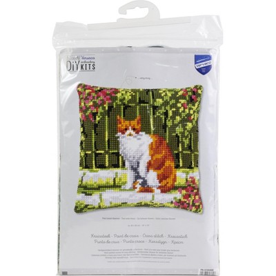 Vervaco Counted Cross Stitch Cushion Kit 16"X16"-Cat Between Flowers