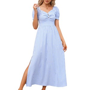 Clearlove Women's Square Neck Puff Sleeve Smocked Waist Gingham Dress Summer Mini Dress with Shirred Bust - 1 of 4