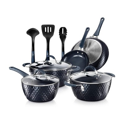 NutriChef 11 Piece Nonstick Ceramic Diamond Pattern Cooking Kitchen Cookware Pots and Pan Set with Lids and Utensils, Dark Blue