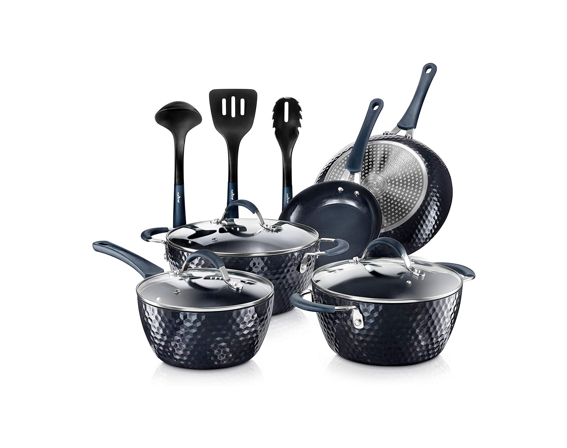NutriChef 11 Piece Nonstick Diamond Pattern Kitchen Cookware Set, Dark Blue