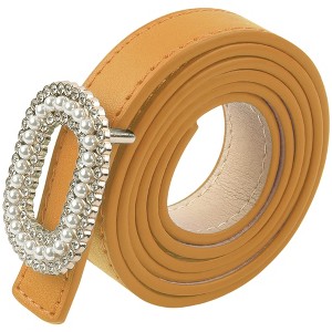 INSPIRE CHIC Women's Faux Leather Thin Belt Ladies Belt with Pearl Rhinestone Buckle for Jeans Pants - 1 of 4
