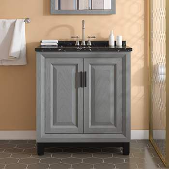 Modern 30" Single Sink Freestanding Bath Vanity Marble Pattern Top with Black Basin Gray - Festivo