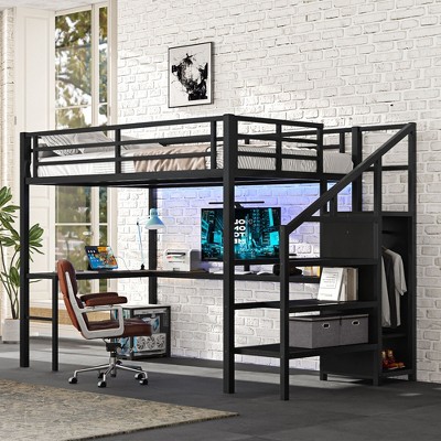 Okak Loft Bed with L-Shaped Desk ,Space-Saving Metal Loft Beds with LED Lights,High Loft Bed with Wardrobe for Kids,Teens,Adults