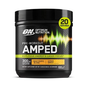Optimum Nutrition, Pre-Workout Amped Powder, Citrus Mango, High Stim, Sugar-Free, Caffeine, 20 Servings - 1 of 4