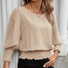 Women's Blouse Puff Sleeve Smocked Waist Scalloped Hem Casual Loose Fit Round Neck Top - 2 of 4