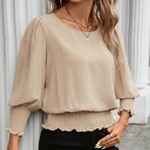 Women's Blouse Puff Sleeve Smocked Waist Scalloped Hem Casual Loose Fit Round Neck Top - 1 of 4