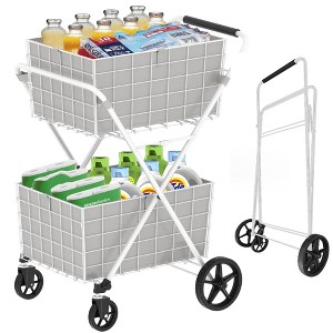 NAYSAYE Foldable Shopping Dolly Heavy Duty Utility Cart with Double Basket Two Layers for Groceries and Laundry, White, 43.3"*20.8"*2.9" - 1 of 4
