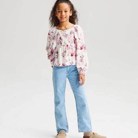 Cat & Jack Girls' Long Sleeve Smocked Floral Printed Top - Cat & Jack™ Cream M