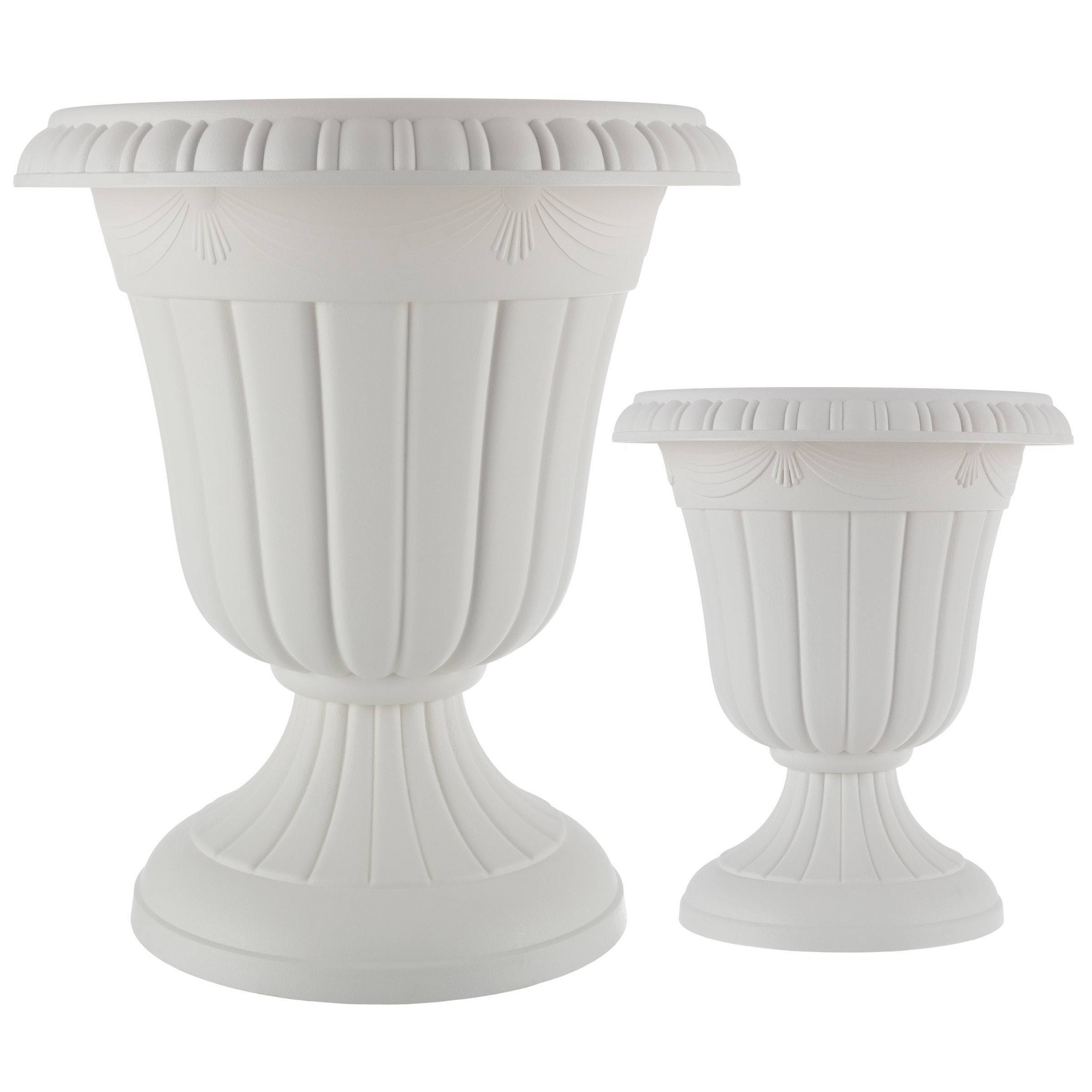 Pure Garden 2pc Outdoor Urn Planters White 10"x12" & 16"x18": Lightweight Polypropylene, Traditional Style, Ground Freestanding