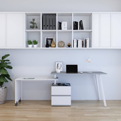 Grey and White Corner Computer Desk with Drawer and Keyboard Tray