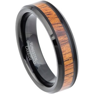 Jewelry Avalanche 6mm Beveled Black IP Hawaiian Koa Wood Tungsten Carbide Men Women Wedding Band - 1 of 4