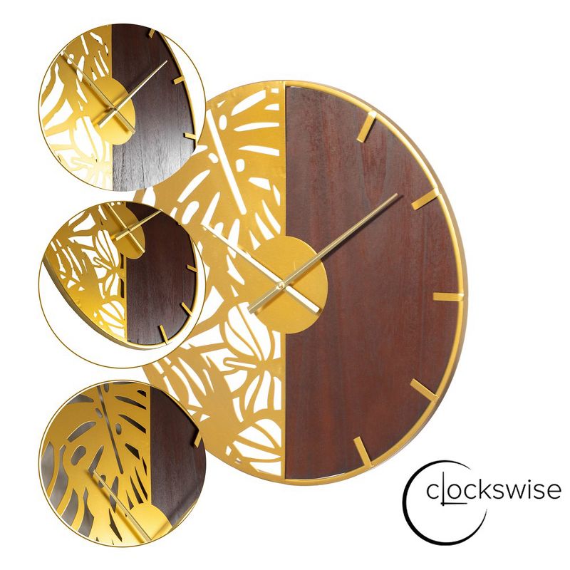 Clockswise 23.6” Round Big Wall Clock, brown wood and gold Metal with Leaf Cutout for Entryway Office Living Room or Kitchen, Hanging Supplies Include, 5 of 9
