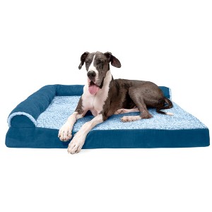 FurHaven Two-Tone Faux Fur & Suede Deluxe Chaise Lounge Orthopedic Sofa Dog Bed - Jumbo Plus, Marine Blue - 1 of 4
