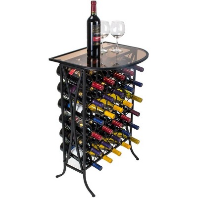 Black Metal Wine Rack Stand with Glass Tabletop for 30 Bottles