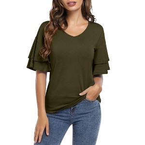 BLUEMING Womens Flutter Elbow Sleeve Shirts V Neck Tee Blouse Pagoda Sleeve T-Shirts Summer Tee Blouse Flowy Tops - 1 of 4