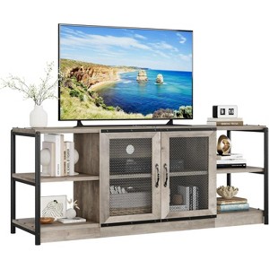 Modern Farmhouse TV Stand with 2 Mesh Doors and Storage Cabinets for Televisions Up to 80 Inch, Wood Console Table,Grey - 1 of 4