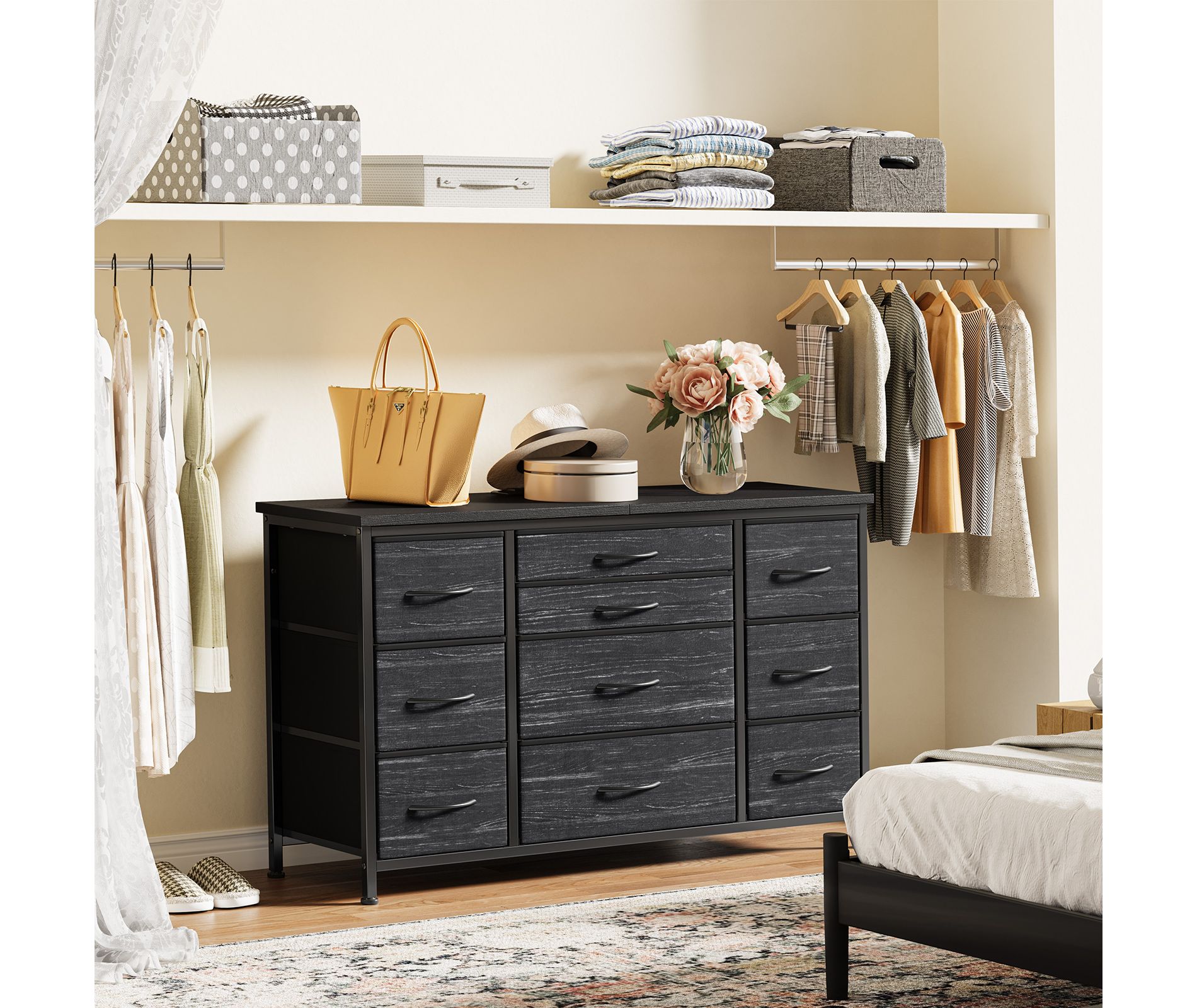 10 Drawer Dresser for Bedroom with Large Drawers for 55 Inch Long TV Stand with Power Outlet