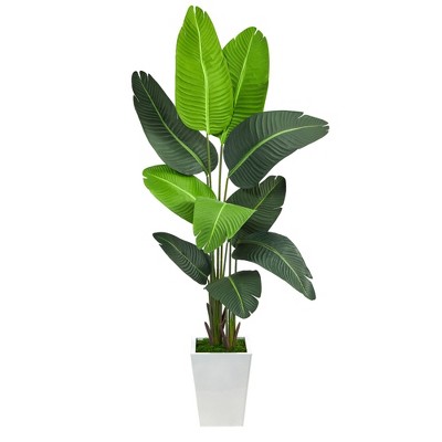 Nearly Natural 5.5-ft Travelers Palm Artificial Tree in White Metal Planter