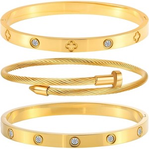 Gold Stackable Bracelets for Women - 3 Piece Stainless Steel Bangles with Love & Friendship Theme, Crystal Accents - 1 of 4