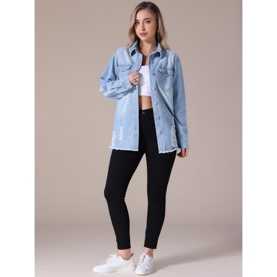 INSPIRE CHIC Women's Frayed Hem Long Sleeve Button Up Oversized Denim Jackets with Pockets Large Light Blue — фото 5